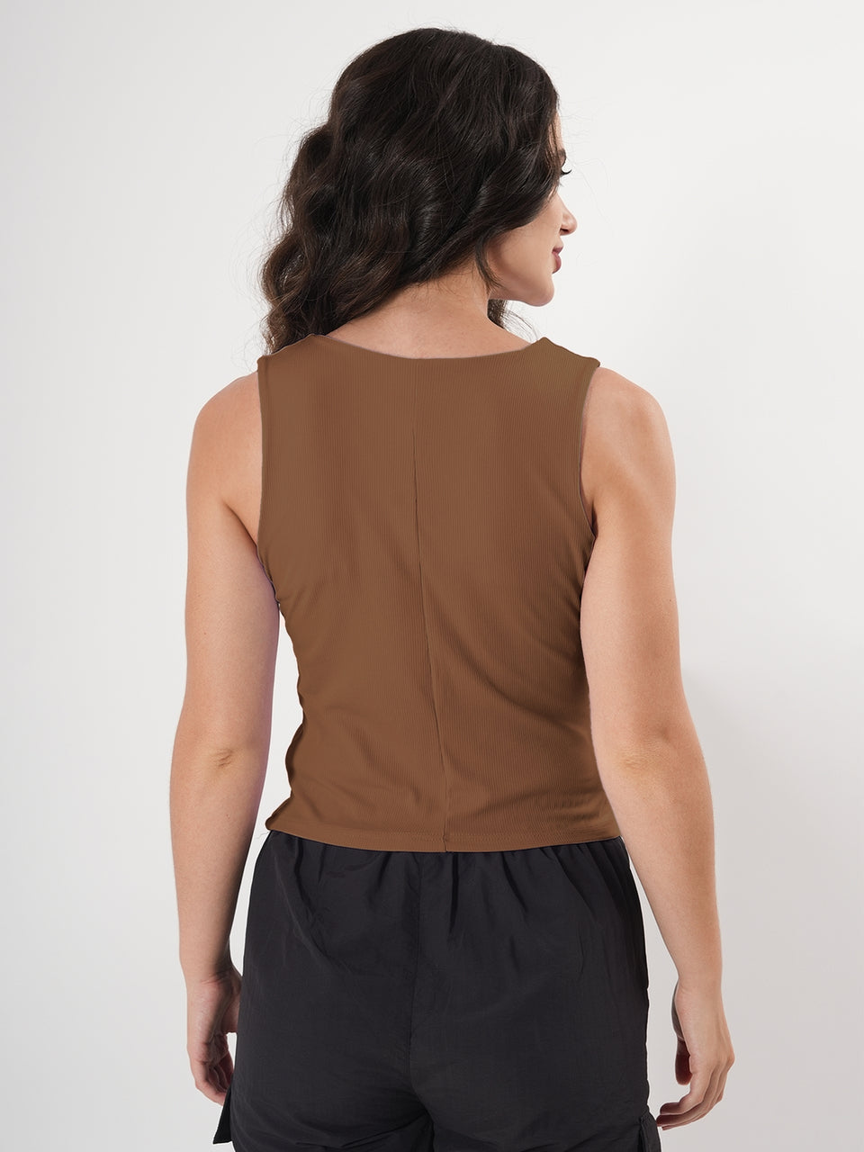 Solid V Neck Sleeveless Pleated Semi Crop Top