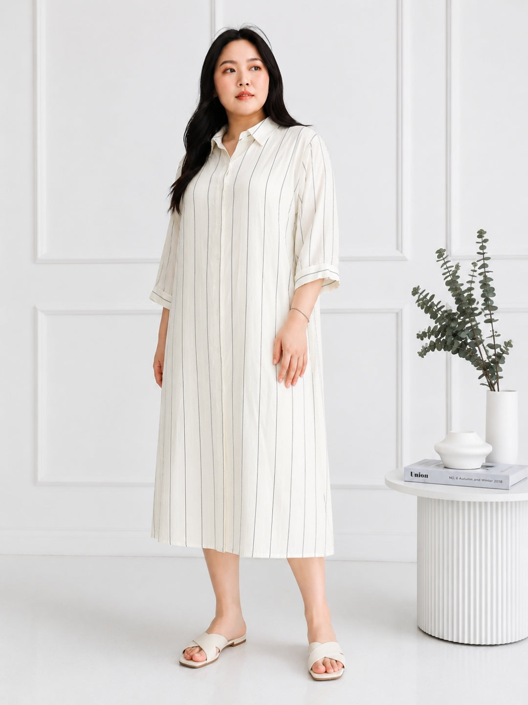Women's Curve Stripe Print Shirt Dress