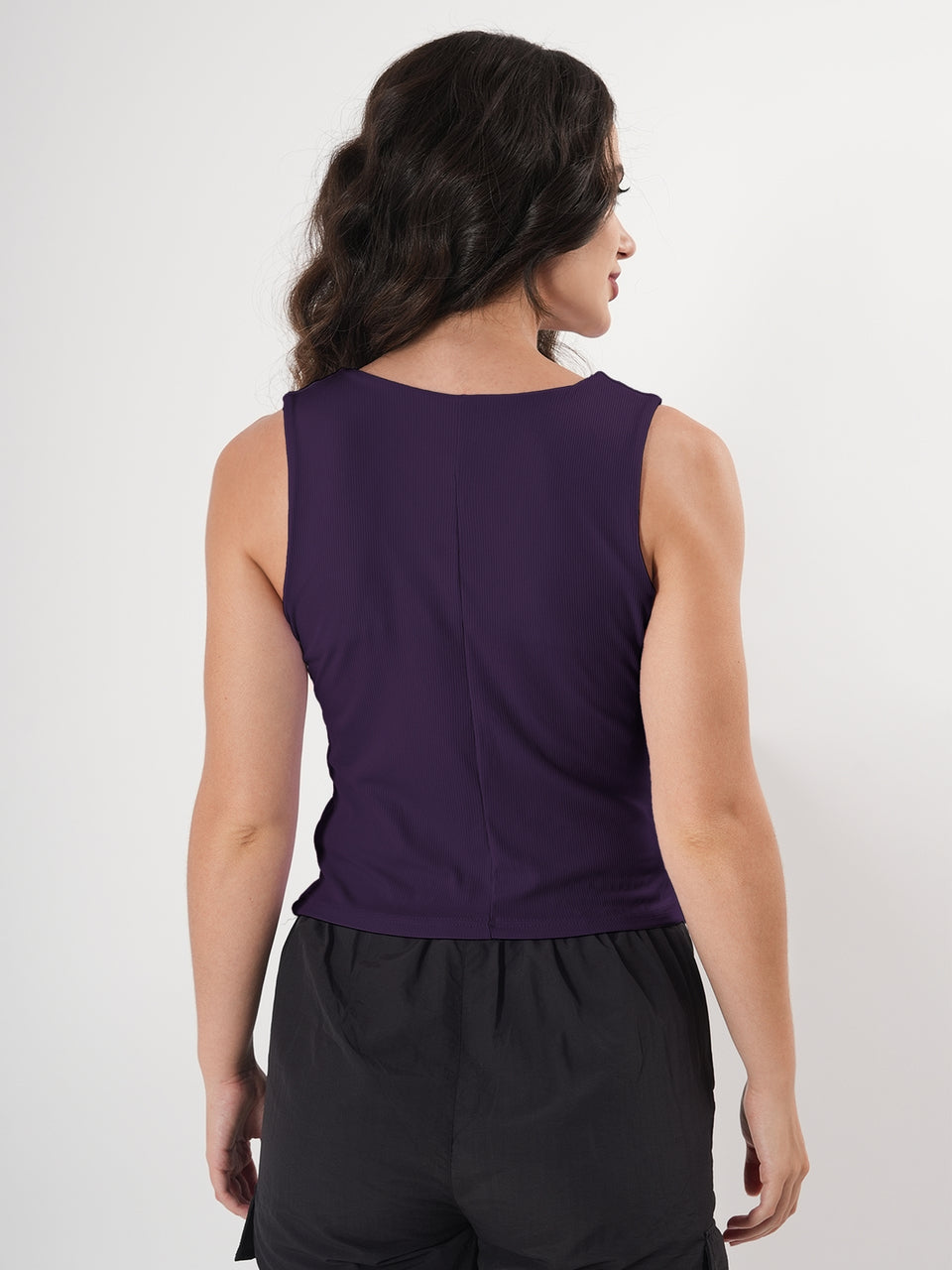 Solid V Neck Sleeveless Pleated Semi Crop Top