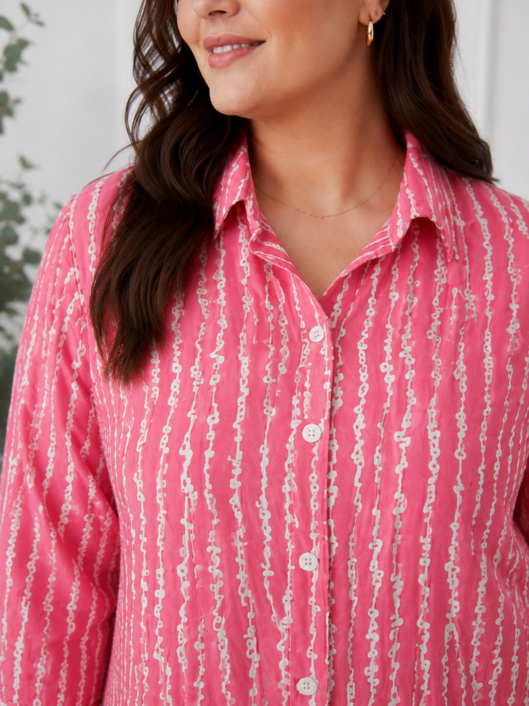 Pink Printed Shirt Collar Midi Dress