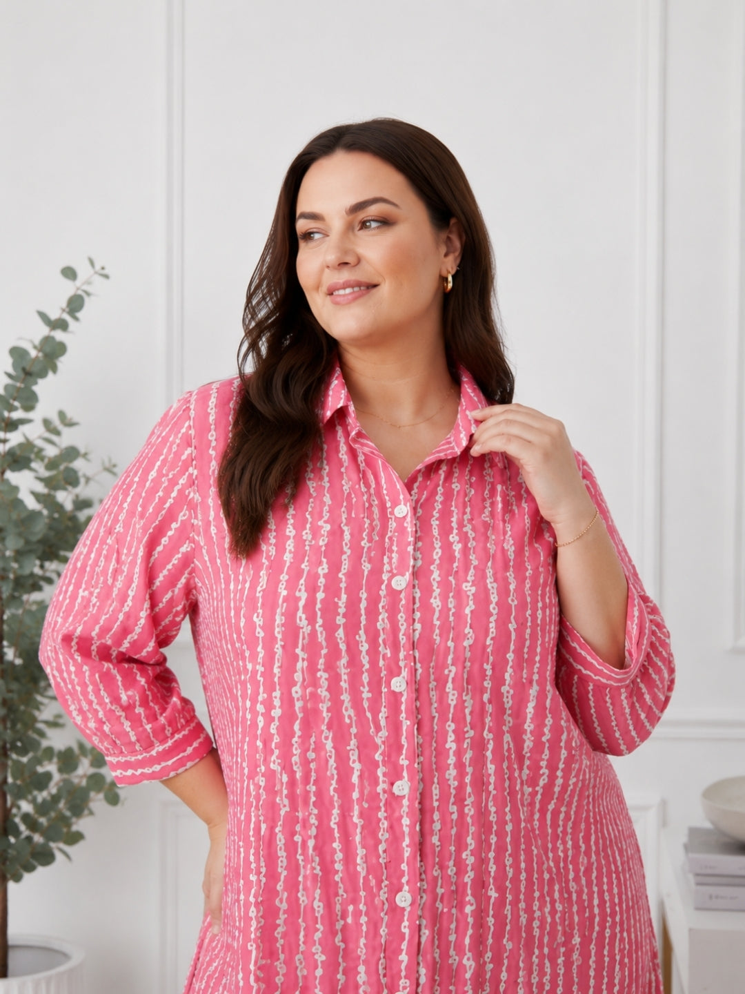 Pink Printed Shirt Collar Midi Dress