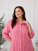 Pink Printed Shirt Collar Midi Dress