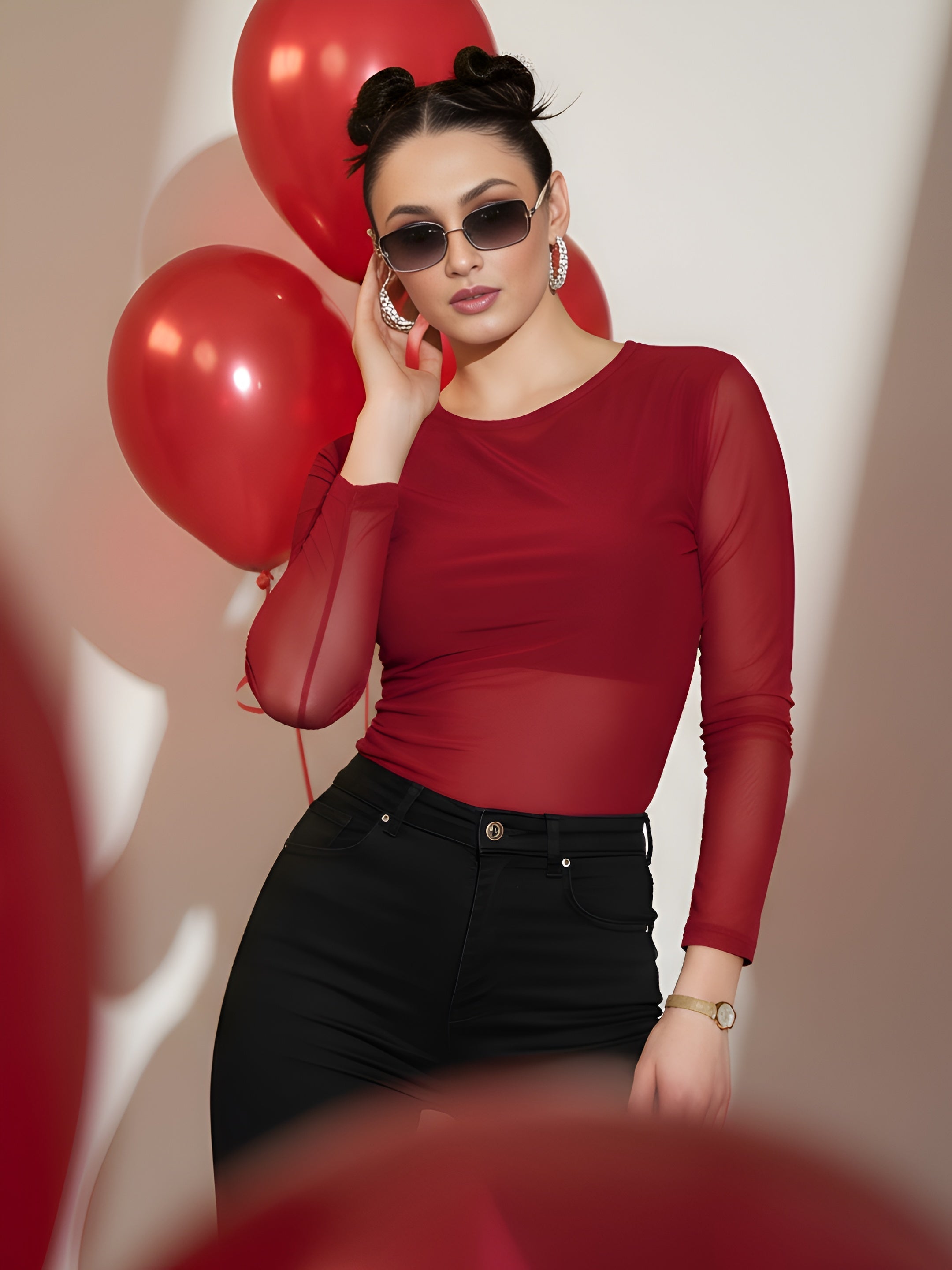 Clobug Maroon Round Neck Net Top