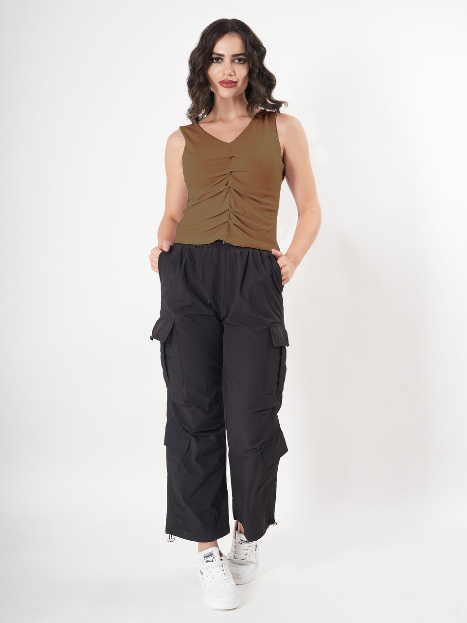 Solid V Neck Sleeveless Pleated Semi Crop Top