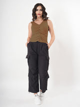 Solid V Neck Sleeveless Pleated Semi Crop Top