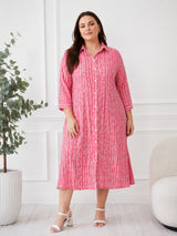 Pink Printed Shirt Collar Midi Dress