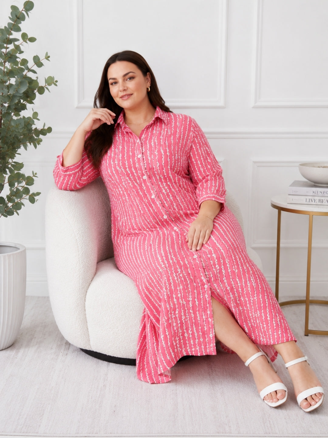 Pink Printed Shirt Collar Midi Dress