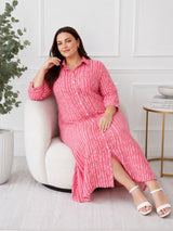 Pink Printed Shirt Collar Midi Dress