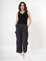 Solid V Neck Sleeveless Pleated Semi Crop Top