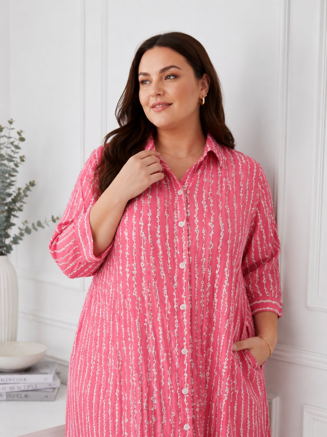 Pink Printed Shirt Collar Midi Dress