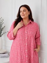 Pink Printed Shirt Collar Midi Dress