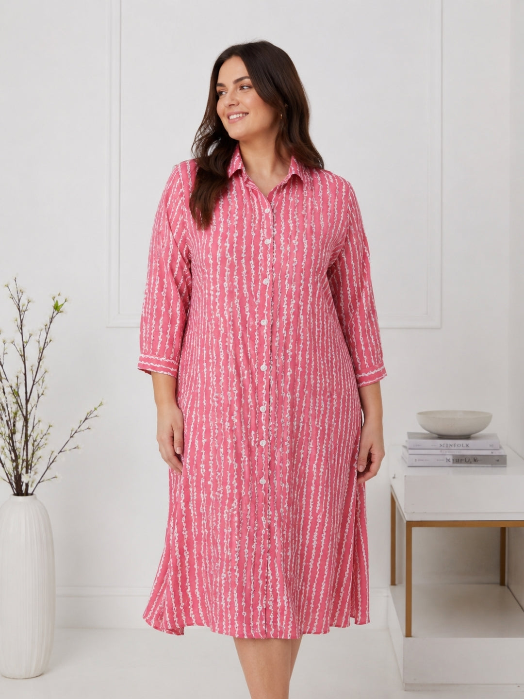 Pink Printed Shirt Collar Midi Dress