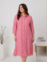 Pink Printed Shirt Collar Midi Dress