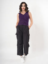 Solid V Neck Sleeveless Pleated Semi Crop Top