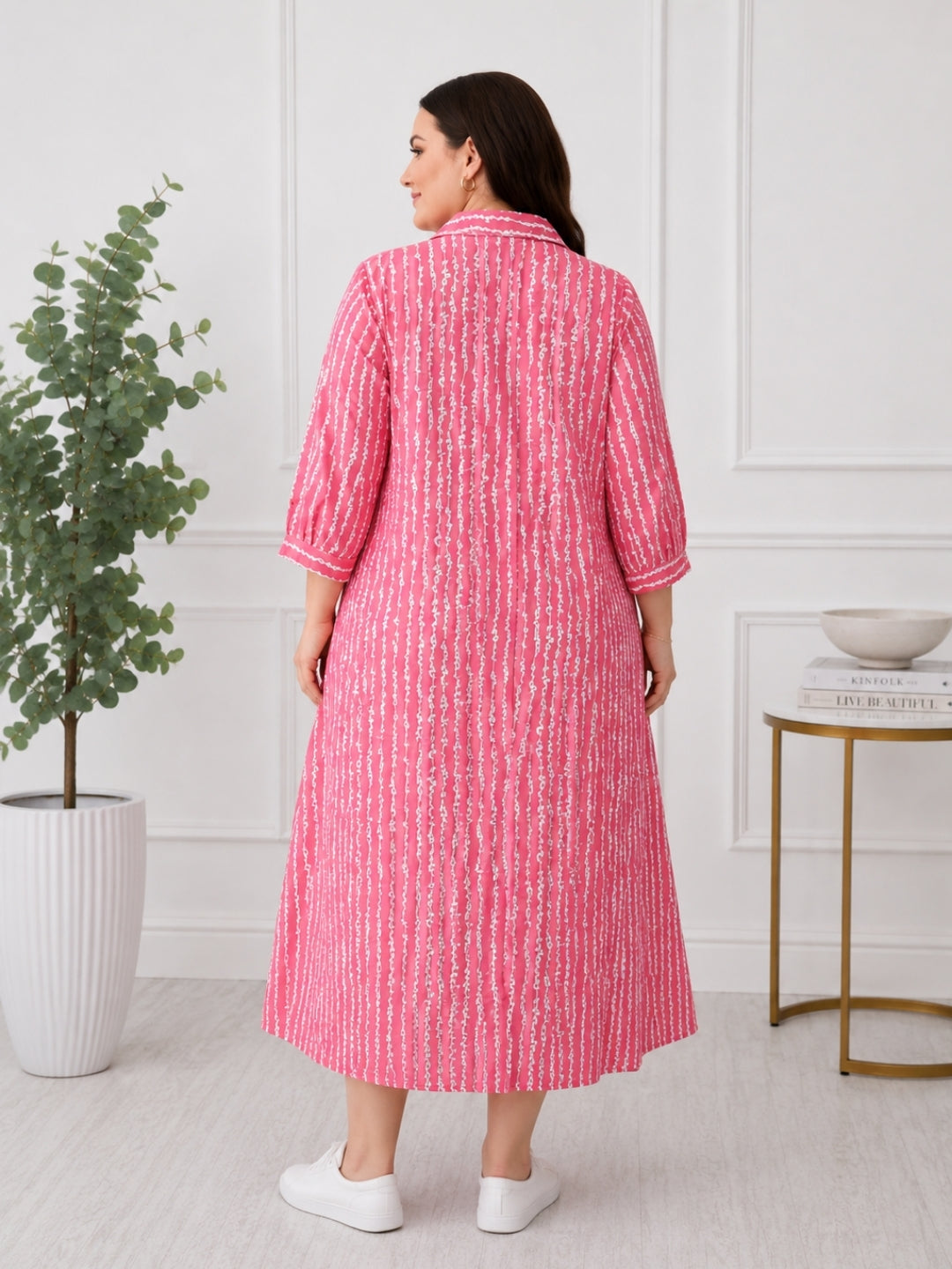 Pink Printed Shirt Collar Midi Dress