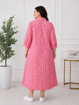 Pink Printed Shirt Collar Midi Dress