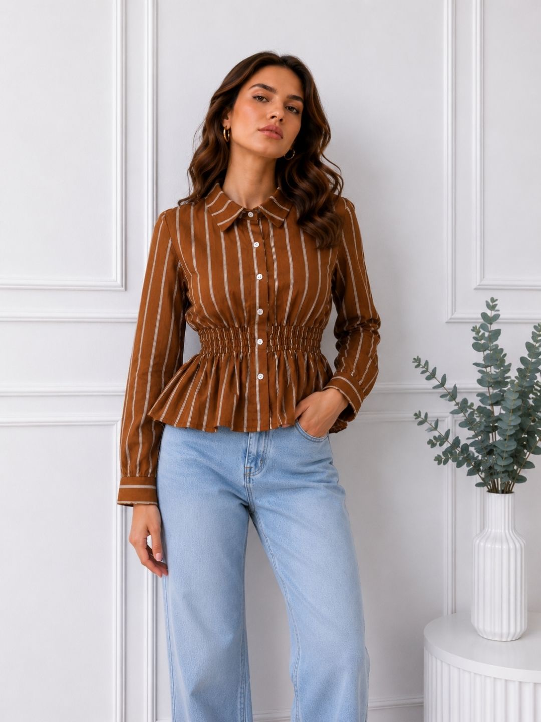 Women's Brown & White Vertical Stripes Casual Shirt