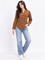 Clobug Women Stripe Full Sleeve Brown Shirt