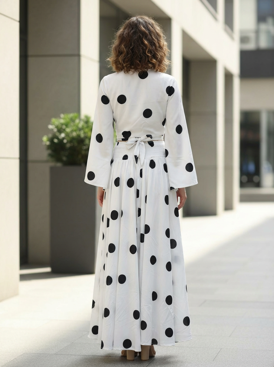 Clobug Women Polka Printed Full Sleeve Crepe Top & Skirt Set