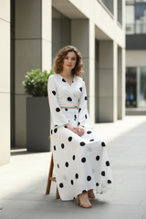 Clobug Women Polka Printed Full Sleeve Crepe Top & Skirt Set