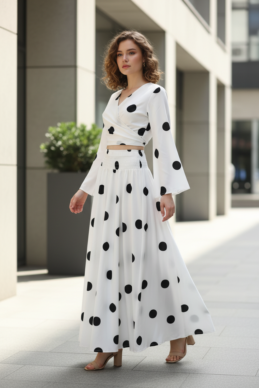 Clobug Women Polka Printed Full Sleeve Crepe Top & Skirt Set