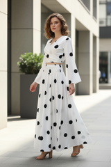 Clobug Women Polka Printed Full Sleeve Crepe Top & Skirt Set