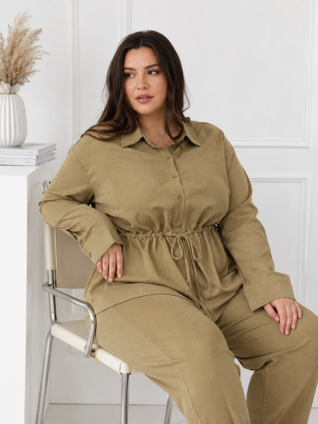 Women's Olive Green Textured Co-Ord Set with Drawstring Waist Shirt & Wide-Leg Pants
