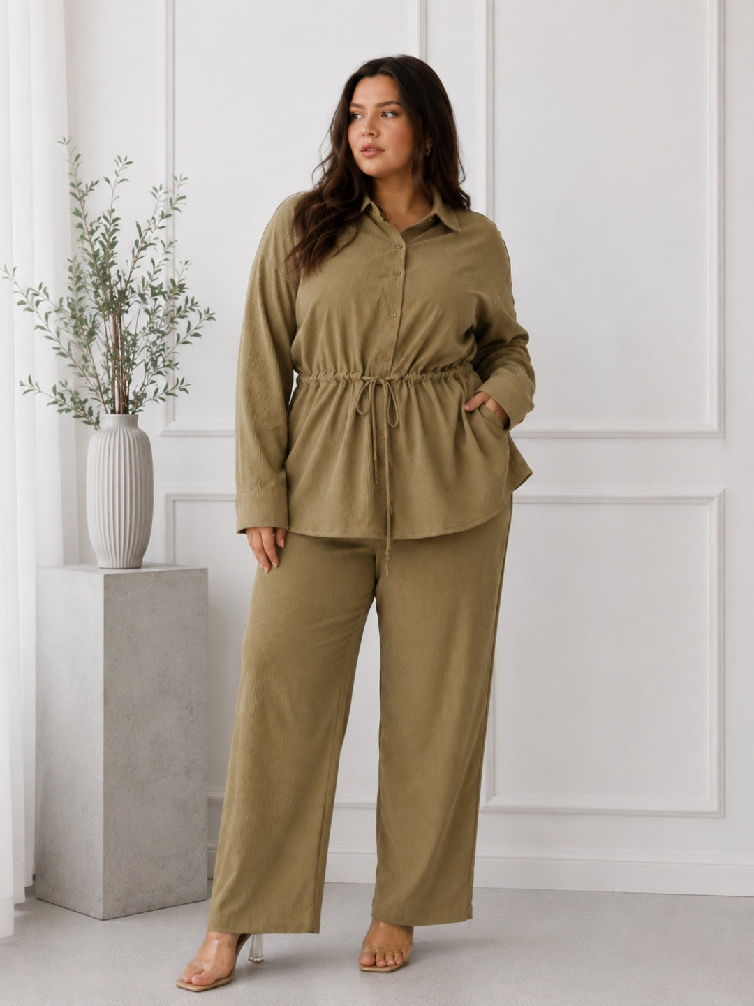Women's Olive Green Textured Co-Ord Set with Drawstring Waist Shirt & Wide-Leg Pants