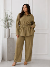 Women's Olive Green Textured Co-Ord Set with Drawstring Waist Shirt & Wide-Leg Pants