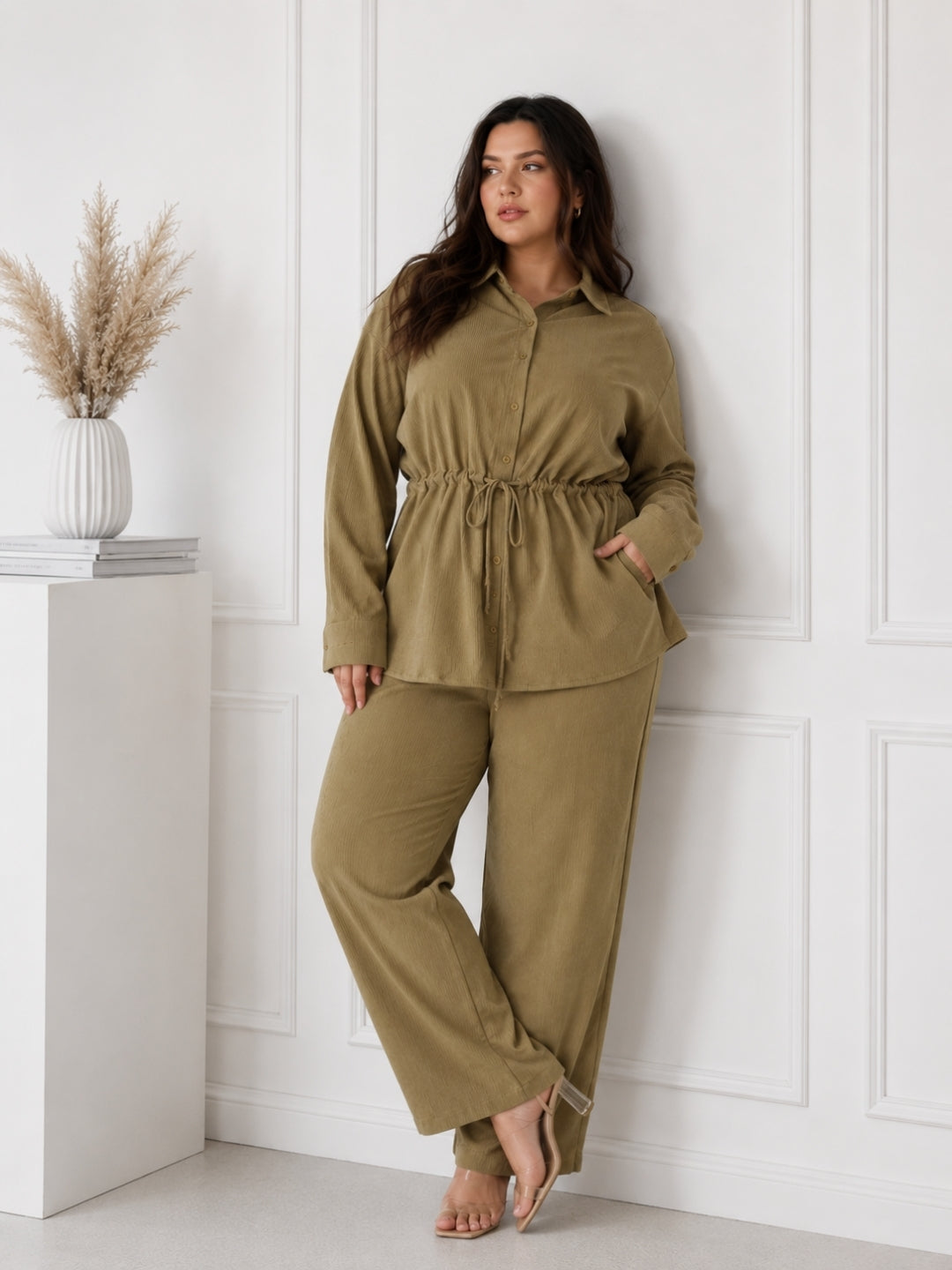 Women's Olive Green Textured Co-Ord Set with Drawstring Waist Shirt & Wide-Leg Pants