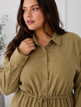 Women's Olive Green Textured Co-Ord Set with Drawstring Waist Shirt & Wide-Leg Pants
