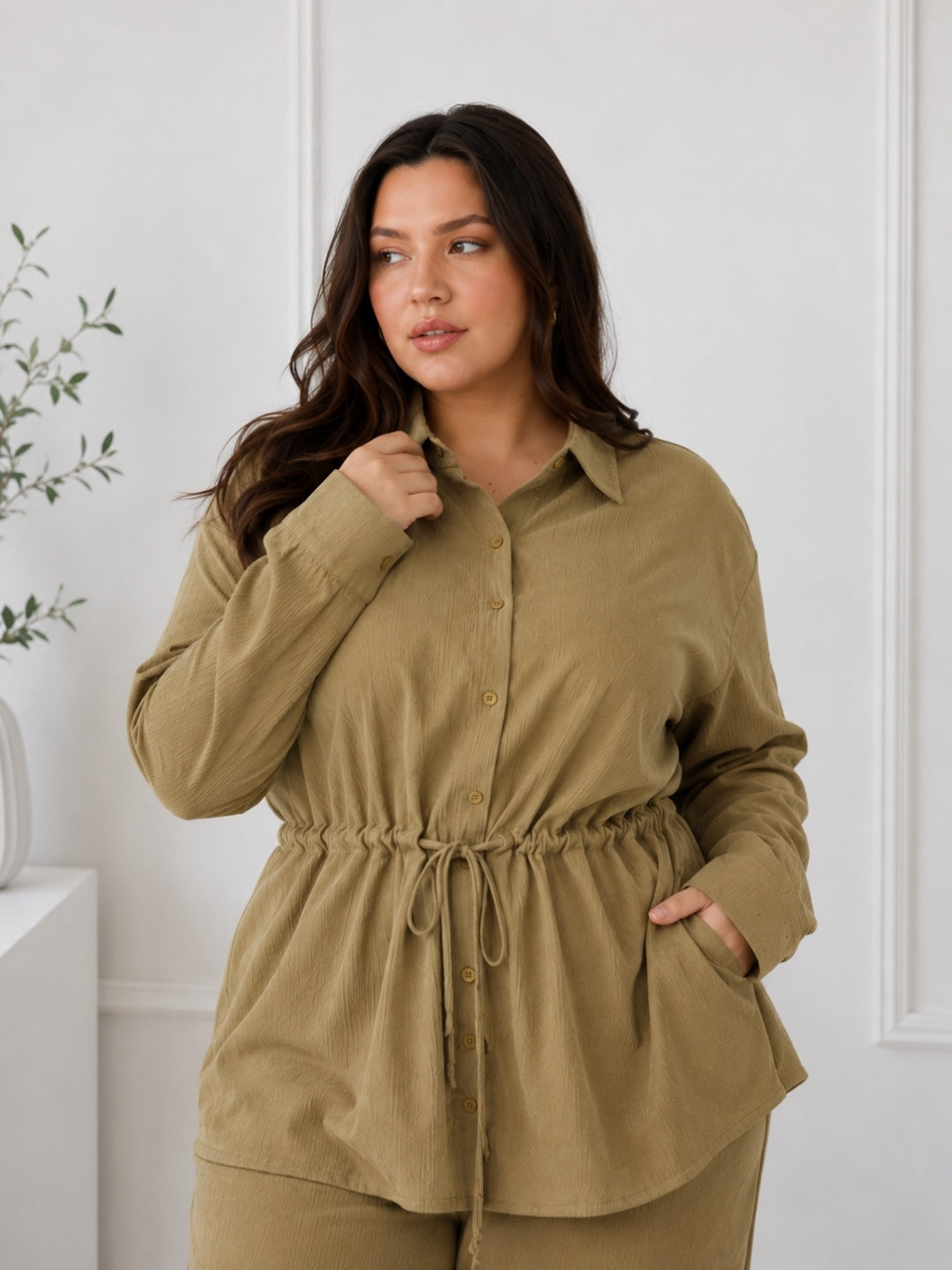 Women's Olive Green Textured Co-Ord Set with Drawstring Waist Shirt & Wide-Leg Pants