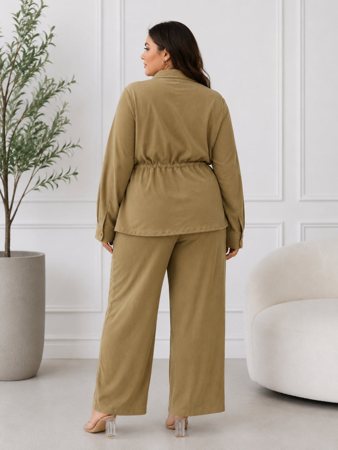 Women's Olive Green Textured Co-Ord Set with Drawstring Waist Shirt & Wide-Leg Pants