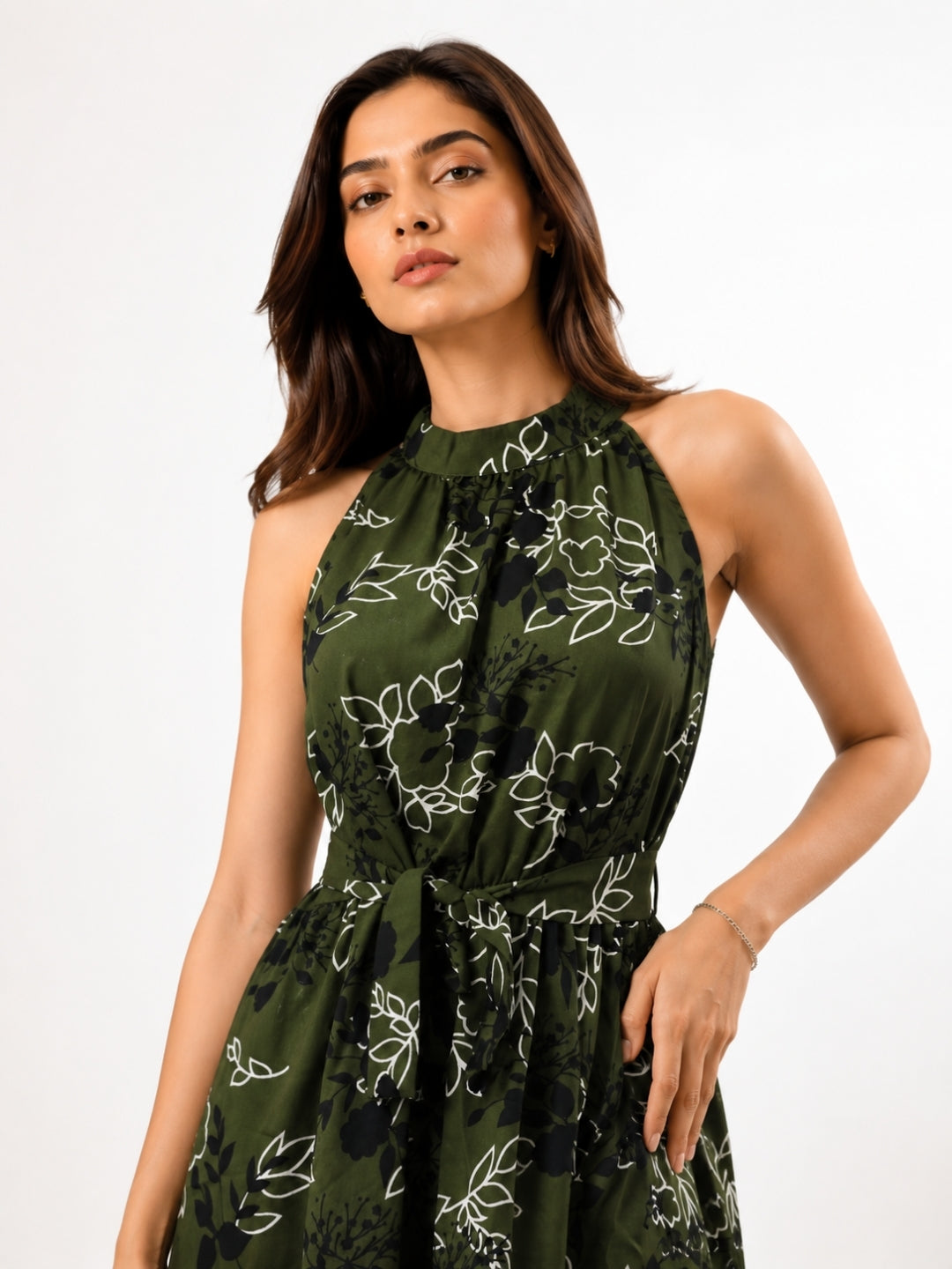Clobug Women Halter Neck Sleeveless Printed Flared Dress