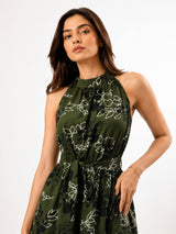 Clobug Women Halter Neck Sleeveless Printed Flared Dress