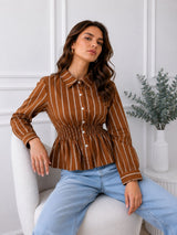 Women's Brown & White Vertical Stripes Casual Shirt