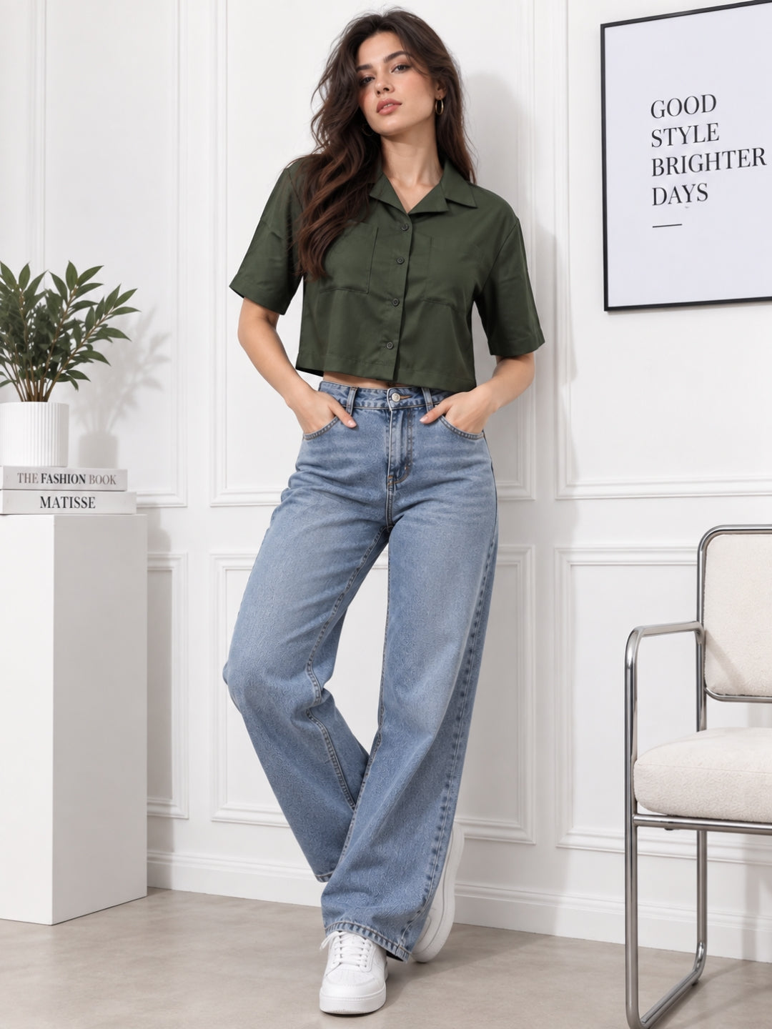 Solid Olive Shirt With Half Sleeve