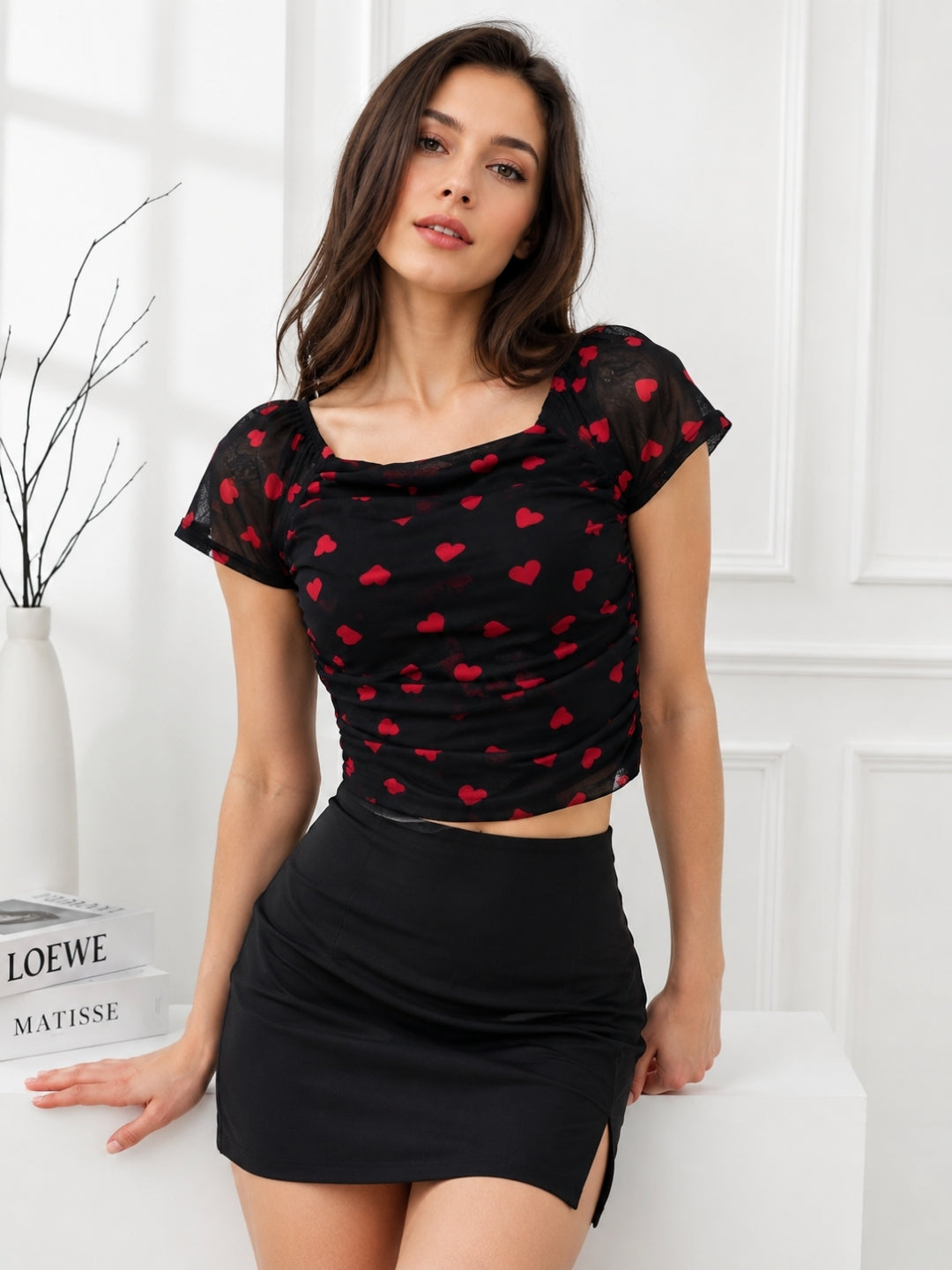 Women Heart Print Crop Top