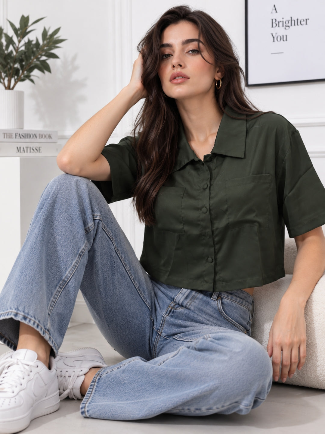 Solid Olive Shirt With Half Sleeve