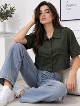 Solid Olive Shirt With Half Sleeve