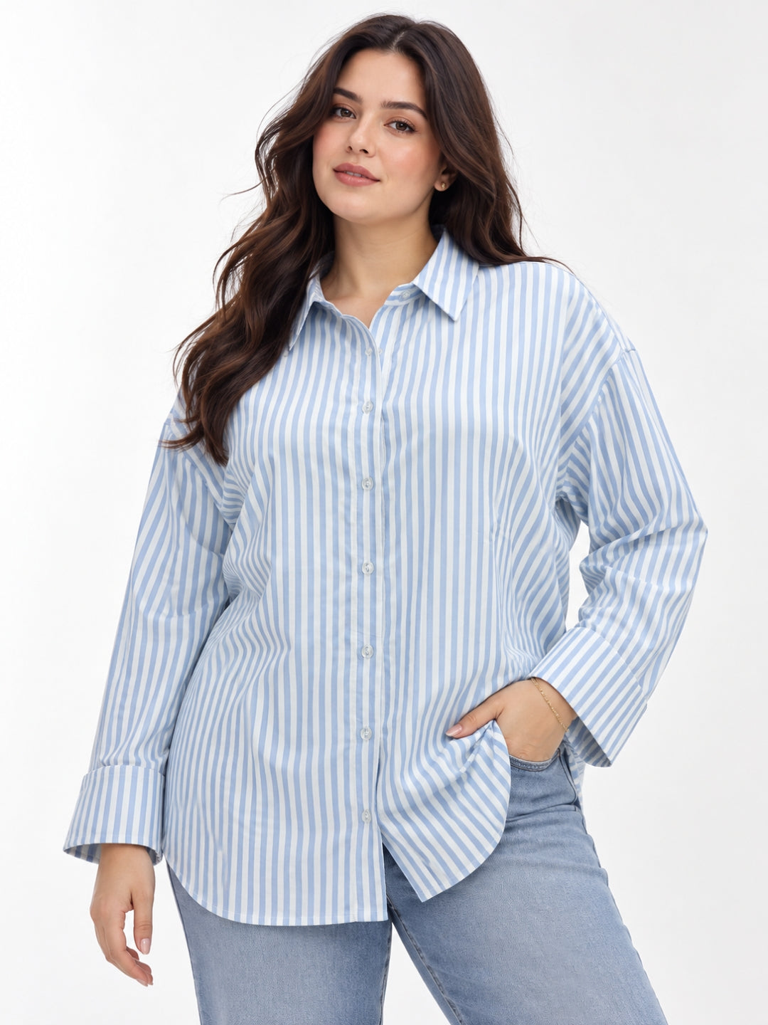 Women's Plus Size Blue & White Vertical Stripes Casual Shirt