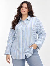 Women Plus Size Blue and White Striped Full Sleeve Shirt