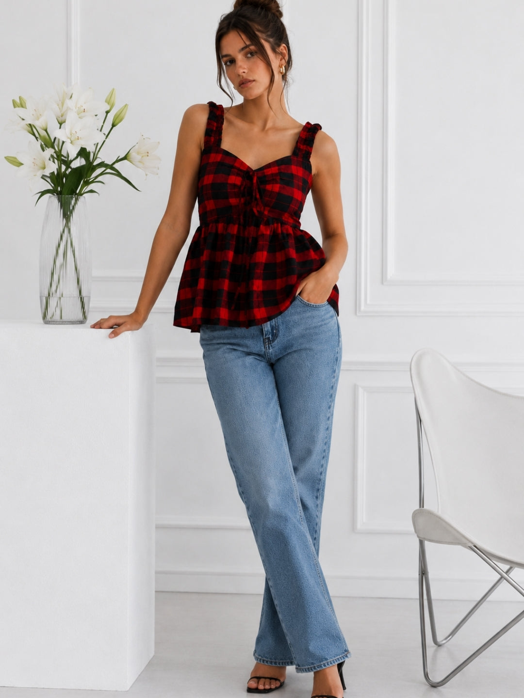 Women's Check Print Red Top