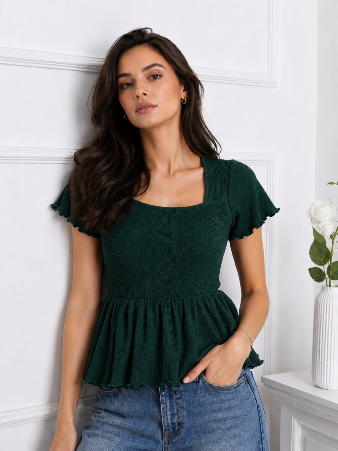 Women Square Neck Short Sleeve Top