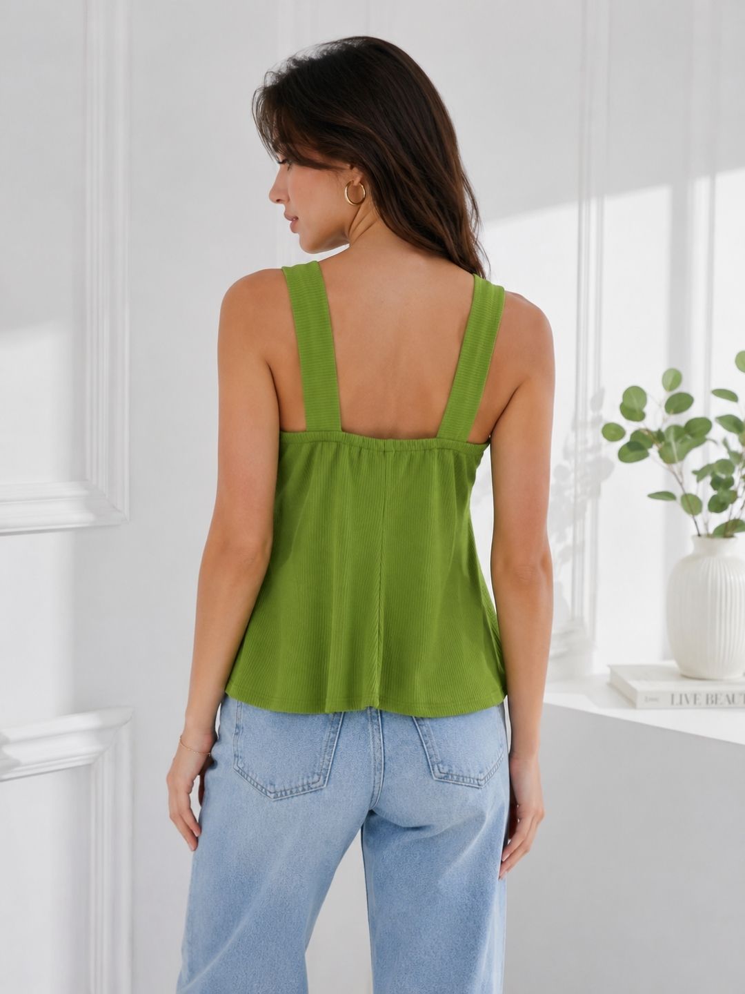 Women's Green Ribbed Peplum Sleeveless Top