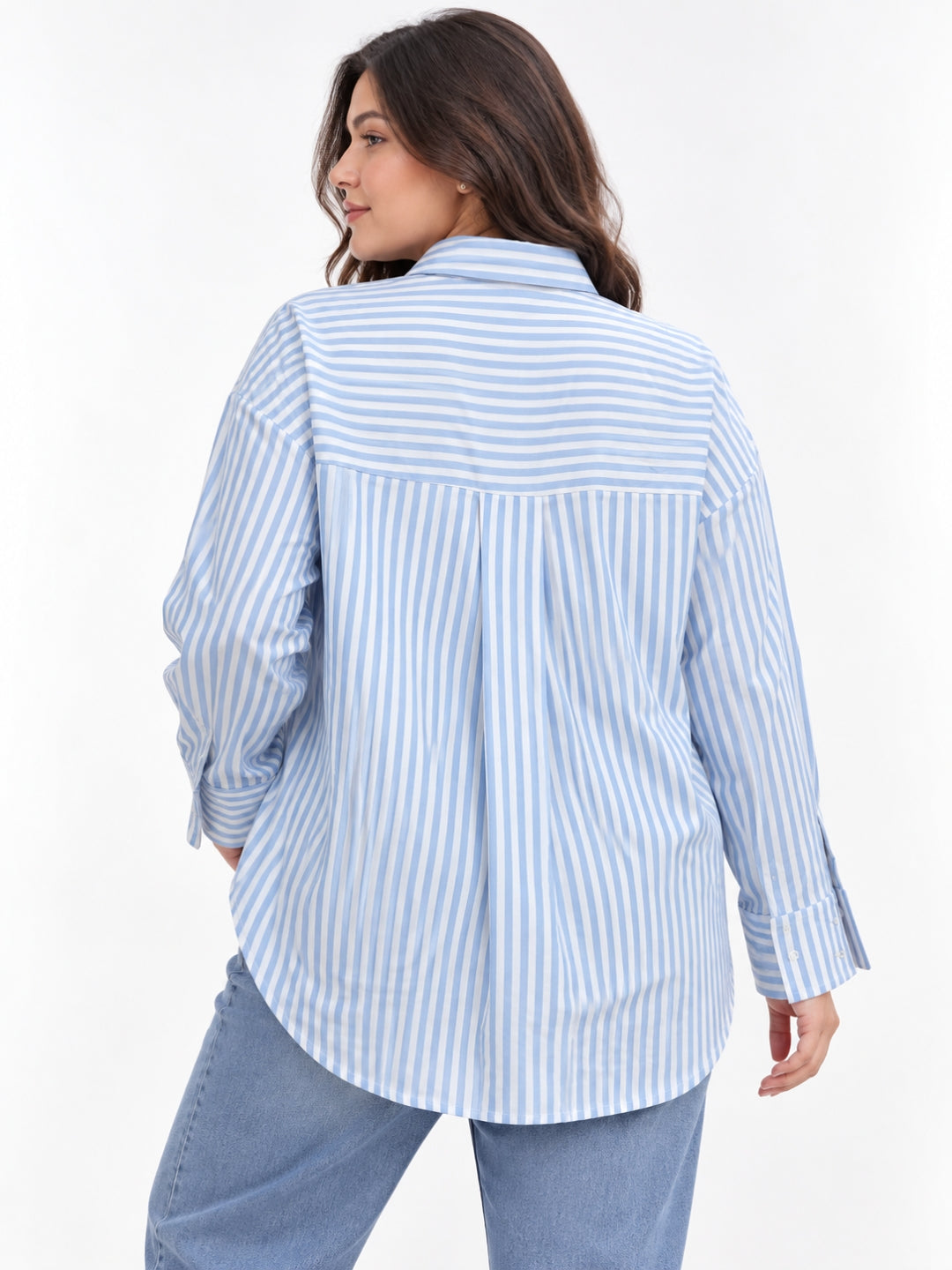 Women Plus Size Blue and White Striped Full Sleeve Shirt