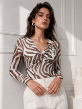 Clobug Women Printed V neck Full Sleeve Crop Top