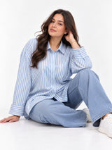 Women's Plus Size Blue & White Vertical Stripes Casual Shirt