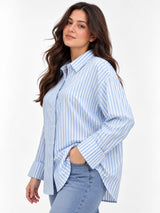 Women Plus Size Blue and White Striped Full Sleeve Shirt