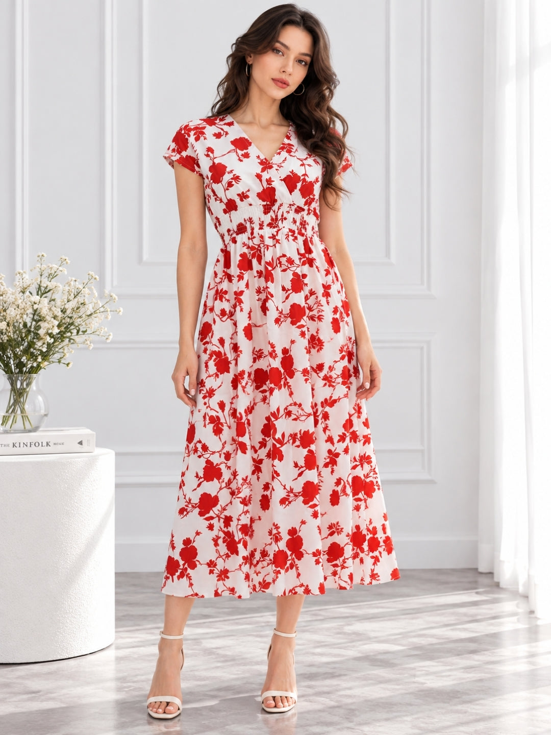 Clobug Women Short Sleeve Printed Midi White Dress